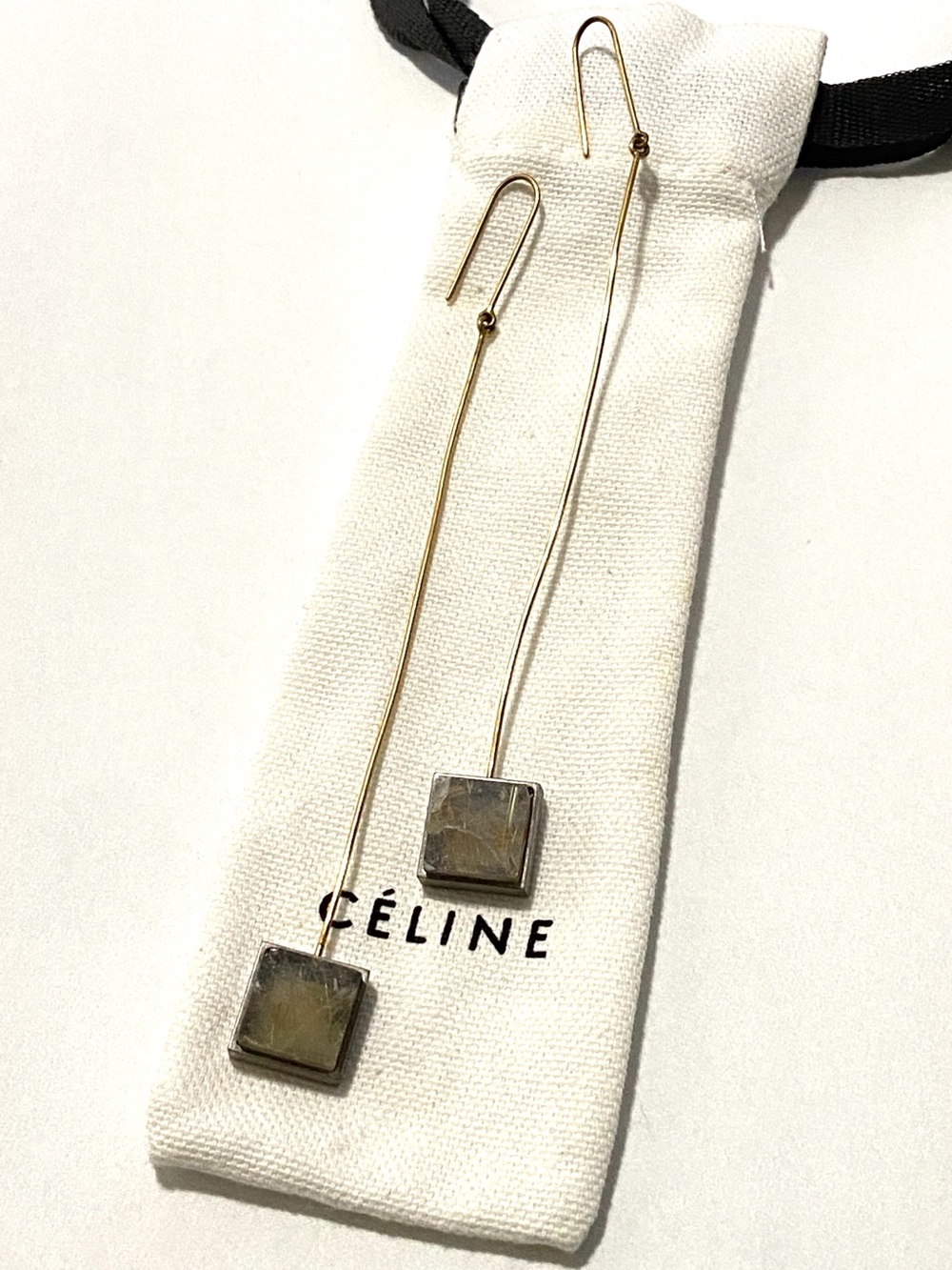 Celine Phoebe Philo Long Drop Square Stone Earrings